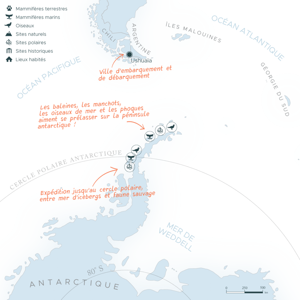 Carte expédition péninsule Antarctique et cercle polaire | Les Mondes Polaires