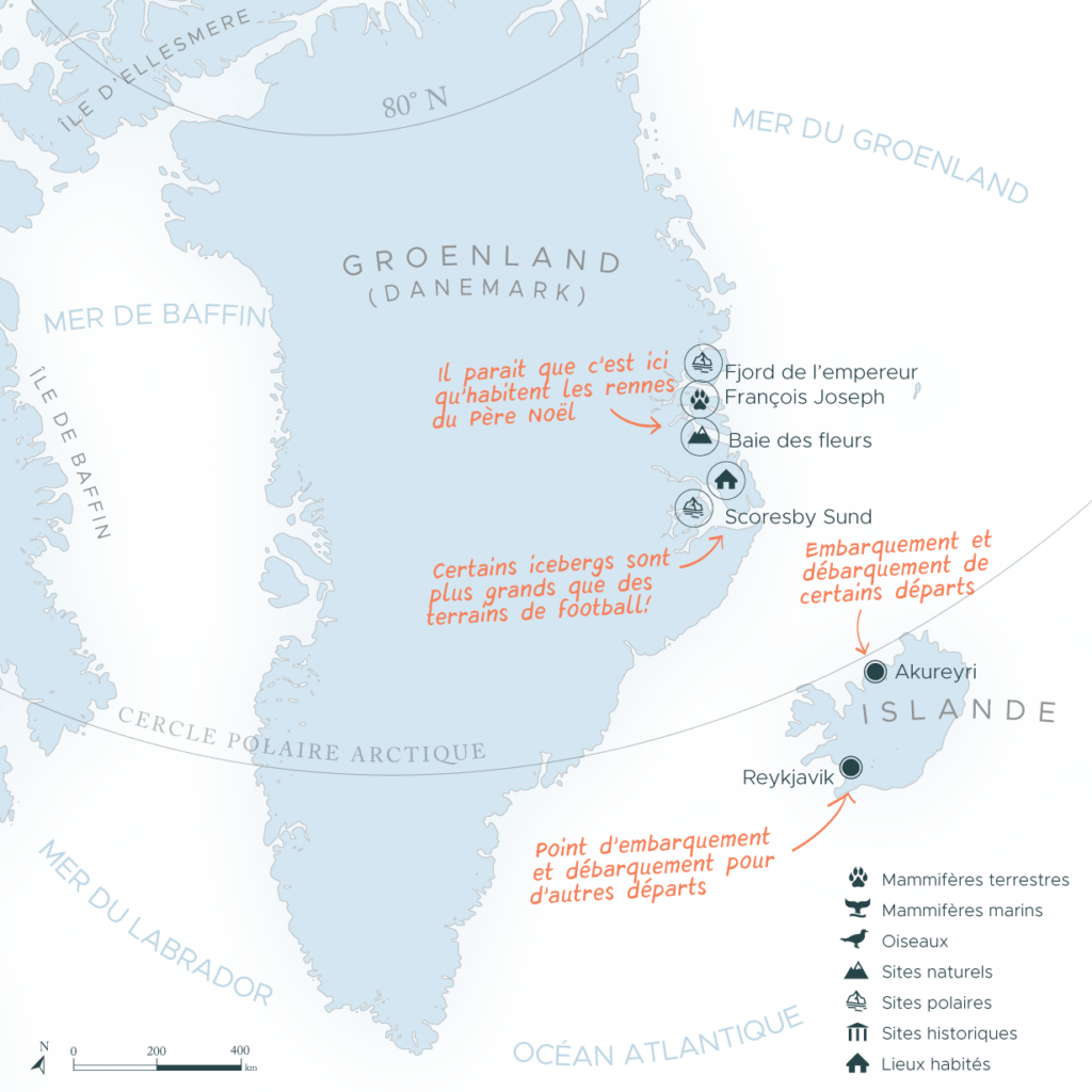 Carte expédition en arctique côte est Groenland | Les Mondes Polaires