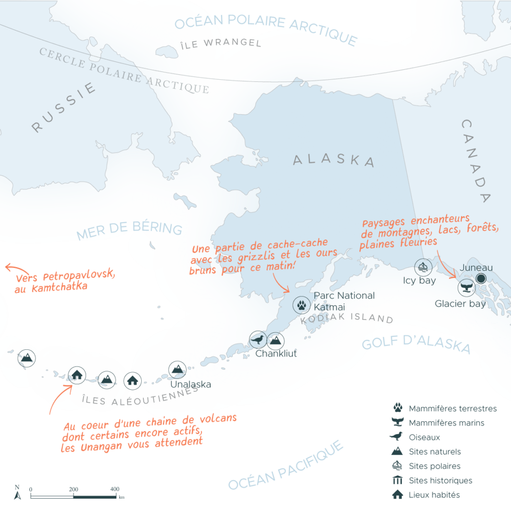 russie-aleoutiennes Carte d'une expédition du Kamtchatka en Russie à Juneau en Alaska par les îles aléoutiennes | Les Mondes Polaires